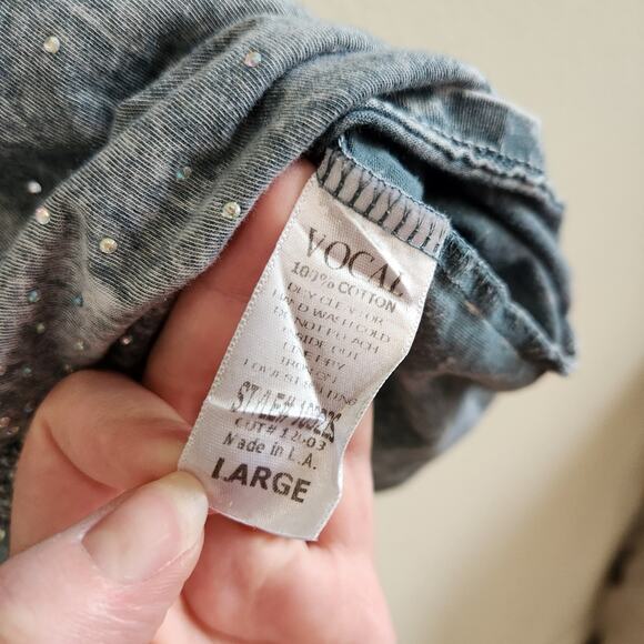 Vocal Gray Mineral Wash Short Sleeve Bedazzled Rhinestone Y2K Top Size Large - Picture 9 of 9